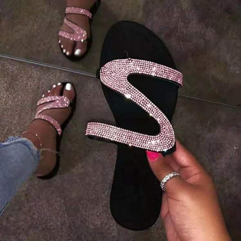 Rhinestone Z-shaped Flat Casual Sandals Color 1