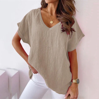 V-neck plain cotton linen T-shirt Khaki