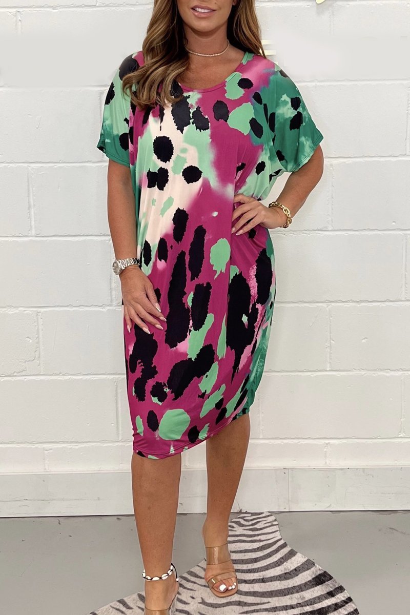 Leopard print V-neck dress Pink and Green