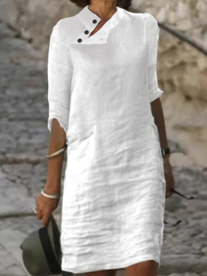 Plain Linen Cotton And Linen V Neck Dress White