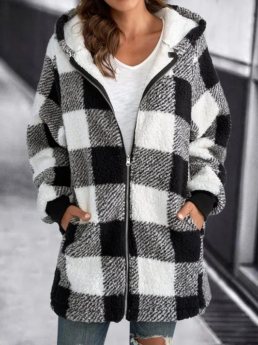 Women Oversized Hoodie Plaid Loose Overcoat Black