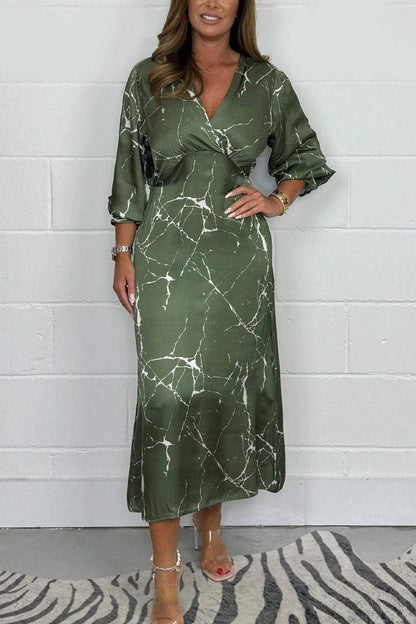 Women's Satin V Neck Long Sleeve Midi Dress