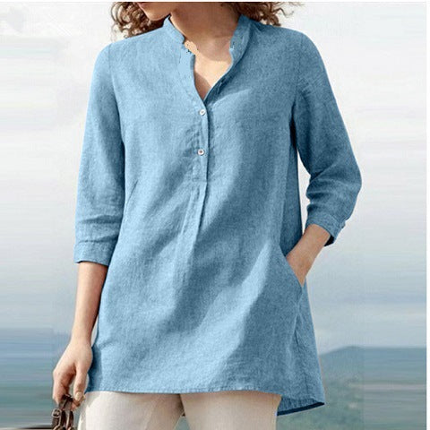 Solid color three-quarter sleeves stand-collar cotton and linen casual shirt Light-blue