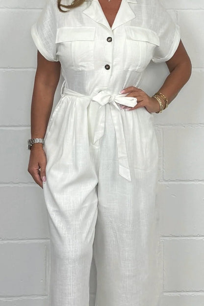 Women's short sleeve button up belted jumpsuit