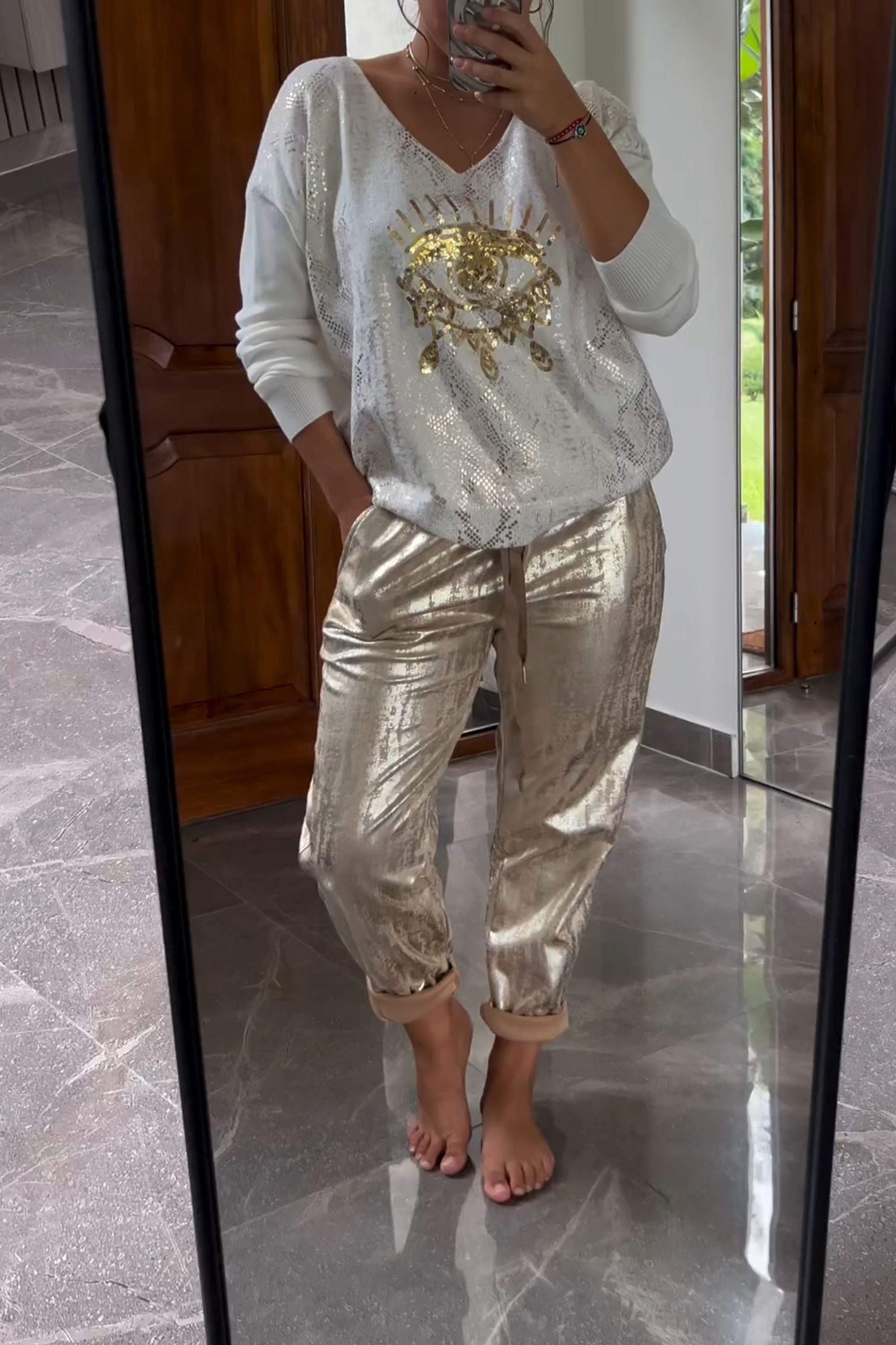 Fashionable Sequin Top And Bronzing Trousers Two-piece Set Gold