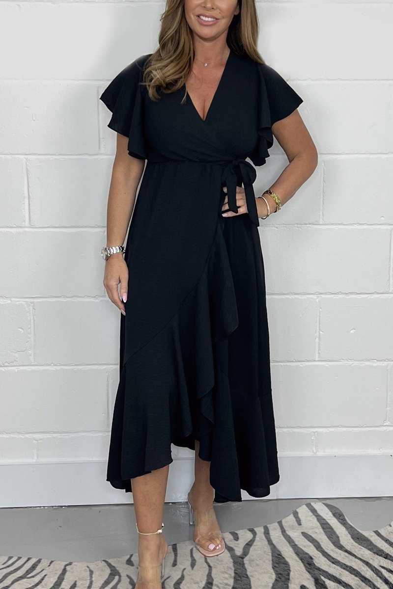 Frill Tie Waist Wrap Maxi Dress Black