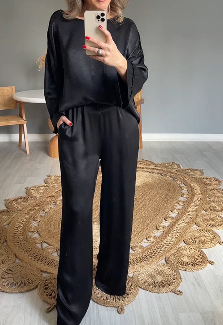 Satin Crew Neck Long Sleeve Two-piece Suit