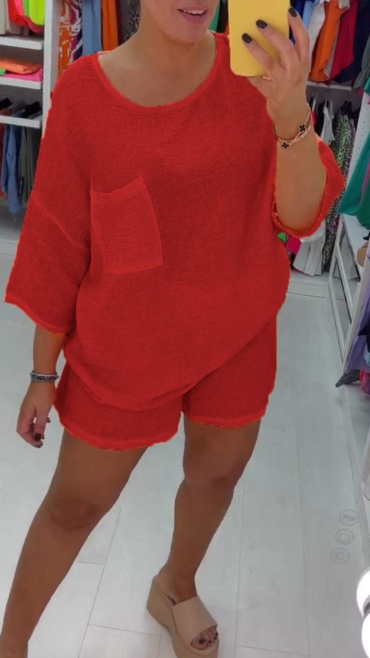 Casual Cotton and Linen Crew Neck Shorts Two-piece Suit red