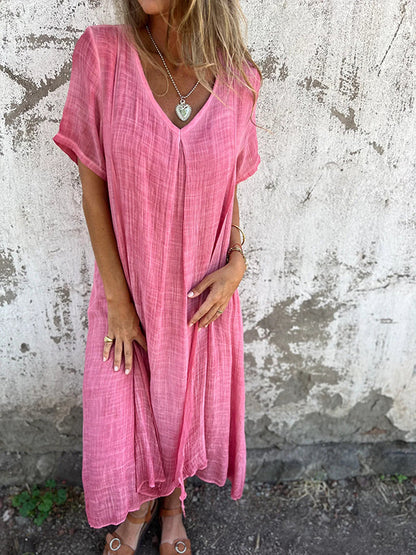 Cotton and Linen V-neck Midi Dress pink