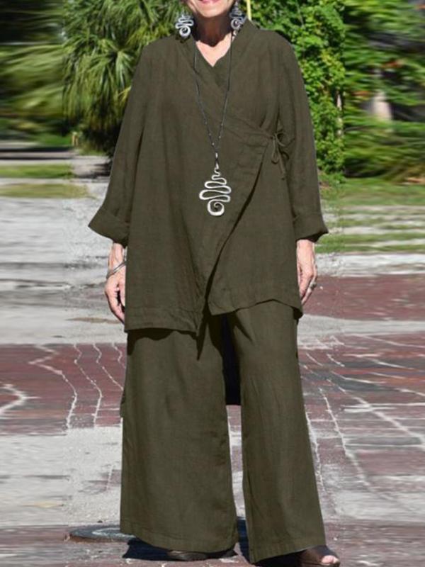 V-neck Casual Loose Long-sleeved Shirt Wide-leg Pants Suit Army Green