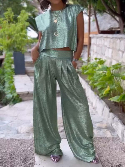 Women's Casual Glossy Vest and Wide Leg Pants Two-piece Set Light green