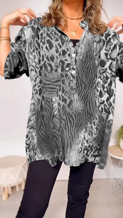 Women's V-neck Leopard Print Mid-sleeve Casual Top