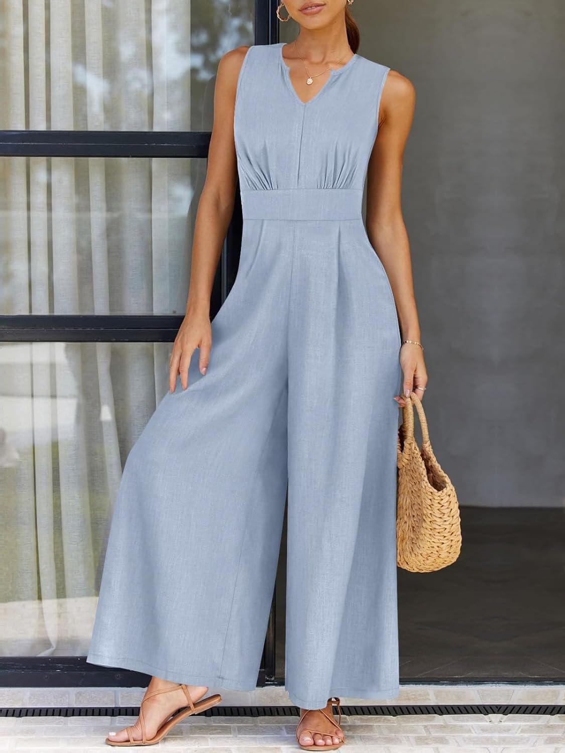 Casual V-neck Sleeveless Jumpsuit light blue