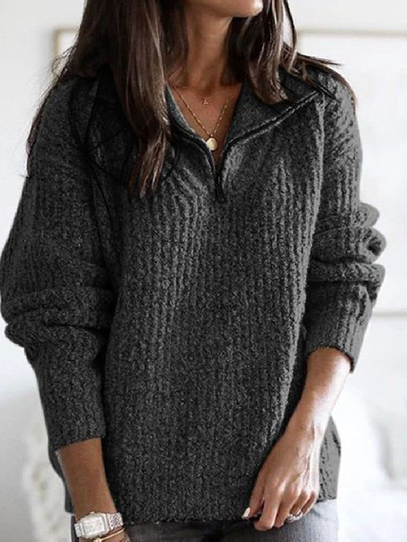 Autumn and Winter Zipper Pullover Long Sleeve Loose Sweater Dark Gray