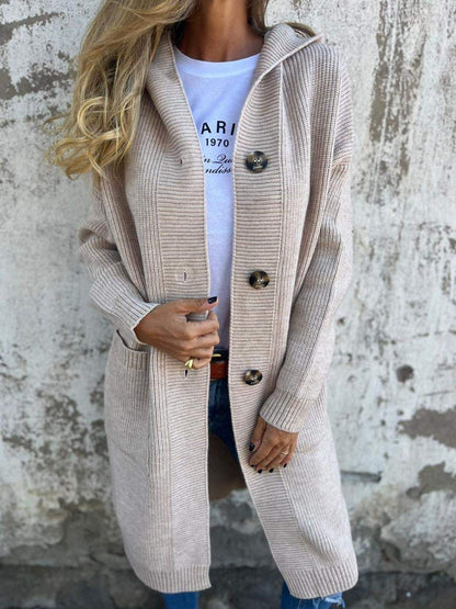 Hooded Knitted Long Cardigan Jacket Apricot