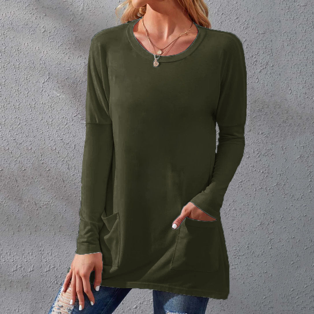 Round neck long sleeves loose pockets solid color T-shirt Military green