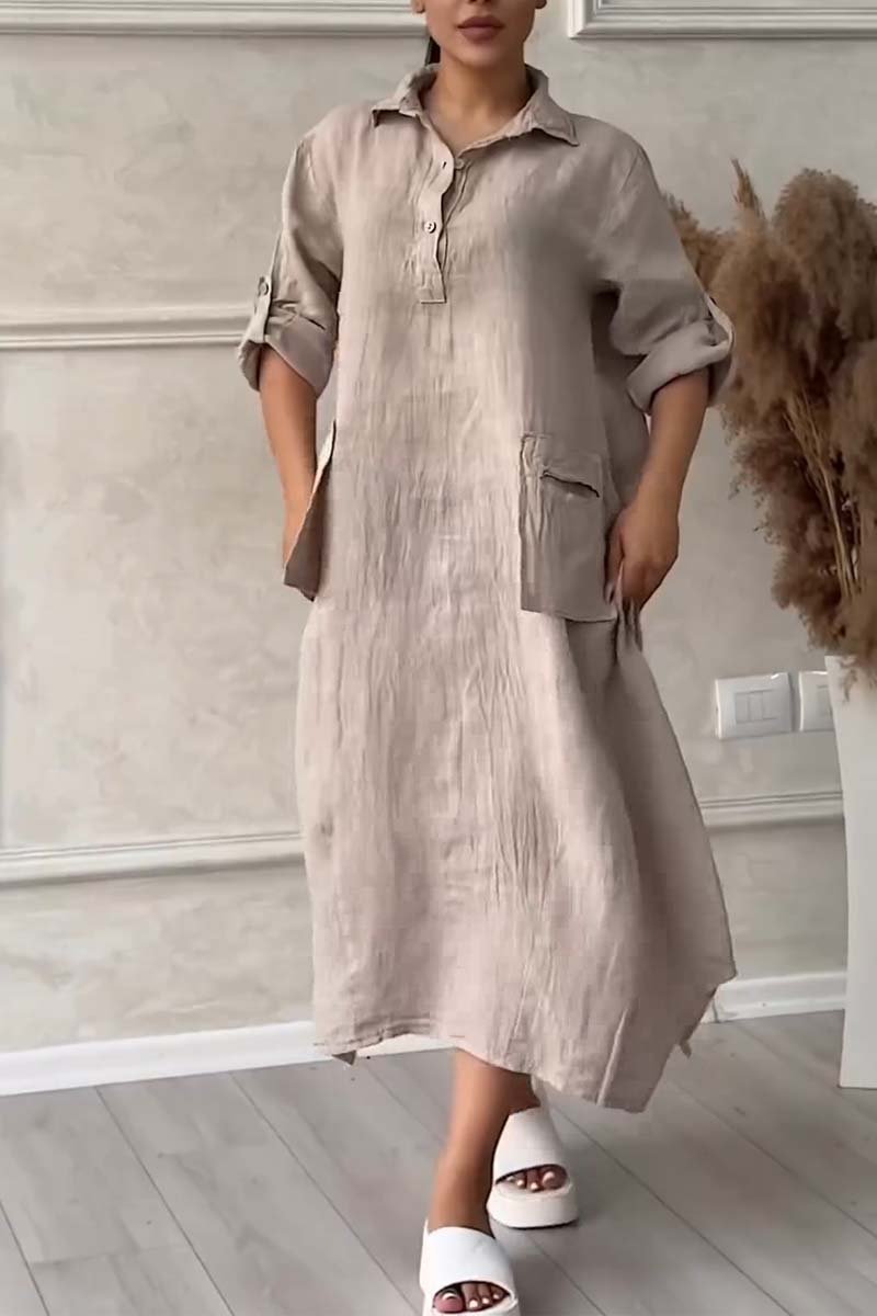 Half button lapel cotton and linen dress Apricot