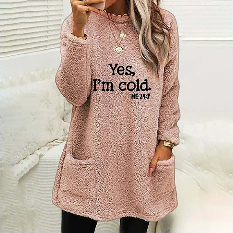 Loose Long Sleeve Printed Crew Neck Pullover Pocket Sweatshirt Pink