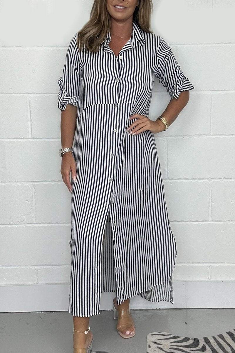 Women's Striped Button Long Shirt Dress Navy blue