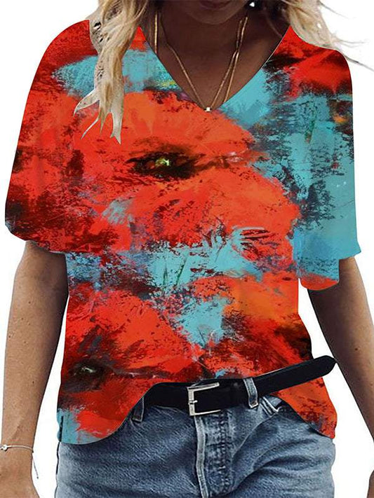 Casual V-neck Ink Printed Short-sleeved Top red