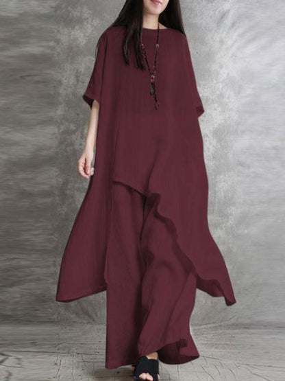 Casual Cotton and Linen Suit with Short-sleeved Top and Trousers Burgundy