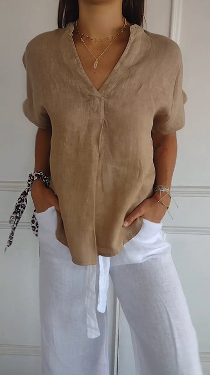 V-neck Cotton and Linen Short-sleeved Tops coffee