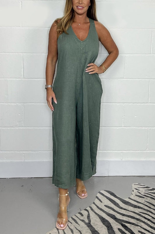 Casual solid color lace-up jumpsuit Amry green