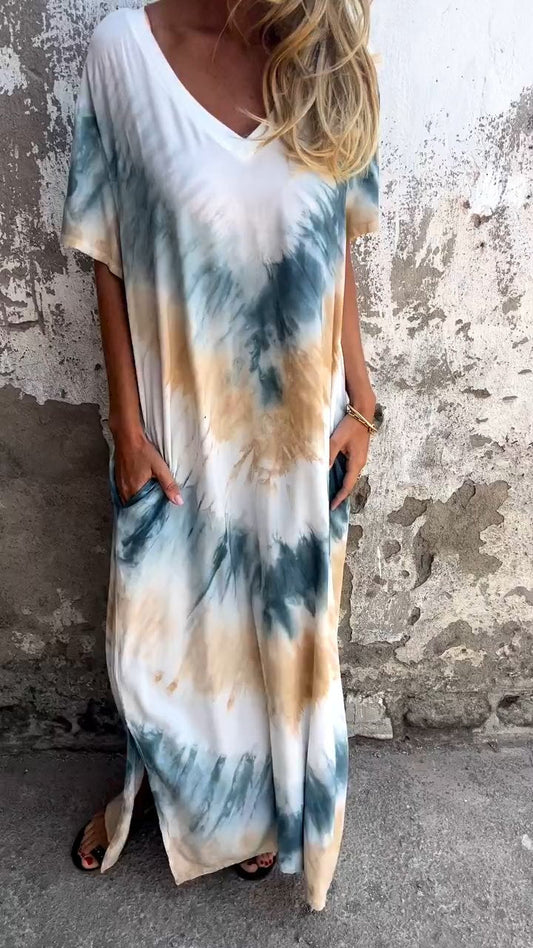 Tie-dye V-neck Long Comfortable Dress orange