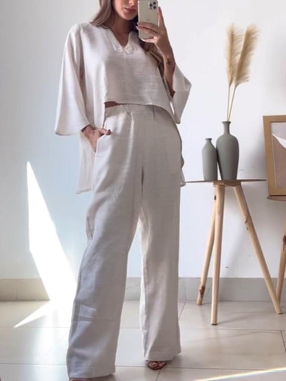 Casual cotton and linen V neck top + pants two-piece set