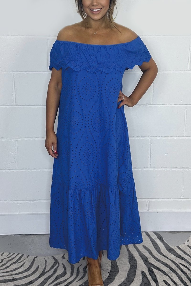 Solid color embroidered English maxi dress Blue