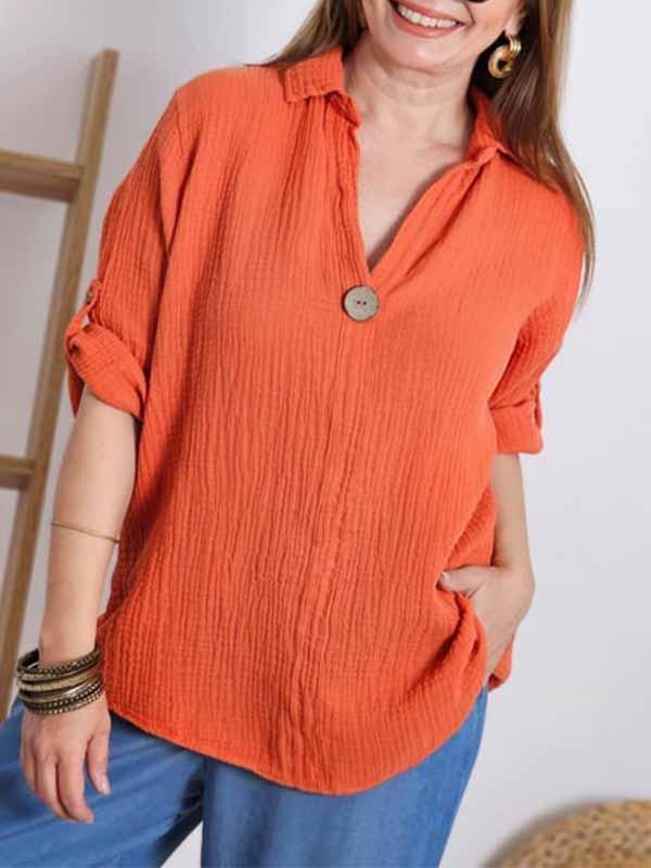 Women's Lapel Solid Color Cotton and Linen Top