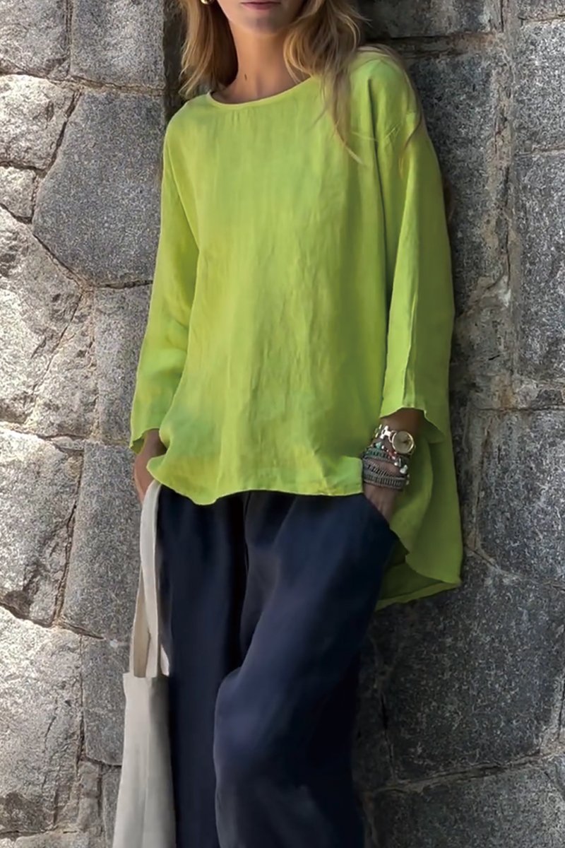 Solid color cotton and linen long sleeve t-shirt Lemon green