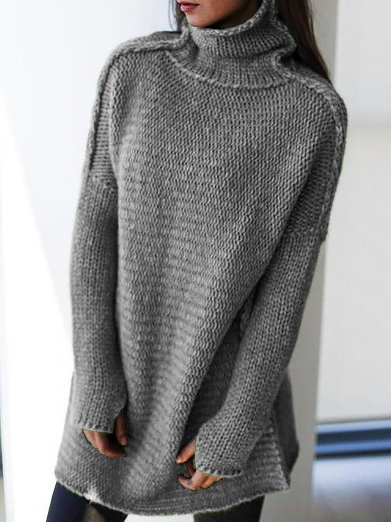 Solid Color Turtleneck Long Sleeve Pullover grey