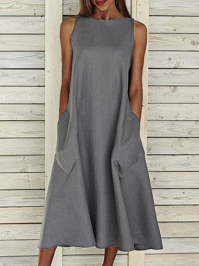 Women Cotton Sleeveless Crew Neck Weaving Dress Grey