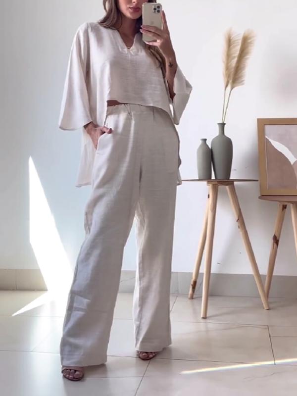 Casual cotton and linen V neck top + pants two-piece set Apricot