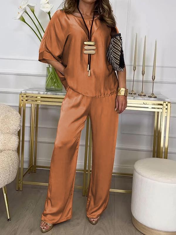 Casual Crew Neck Satin Suit orange