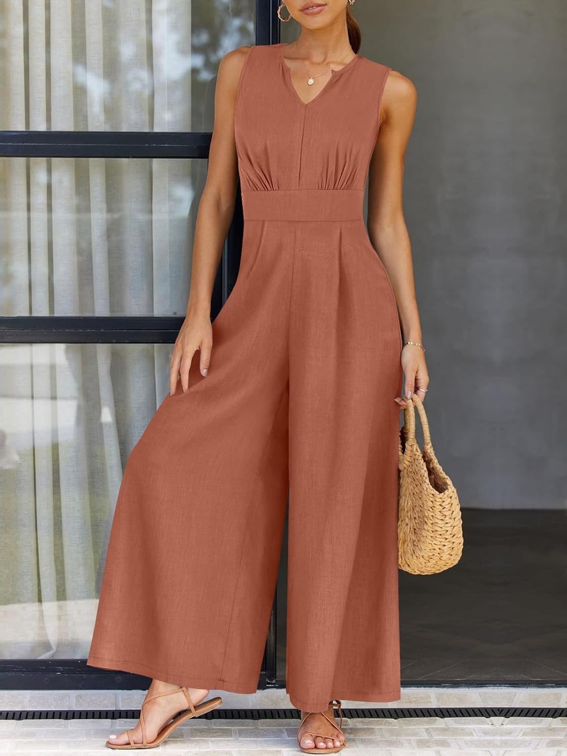 Casual V-neck Sleeveless Jumpsuit brown