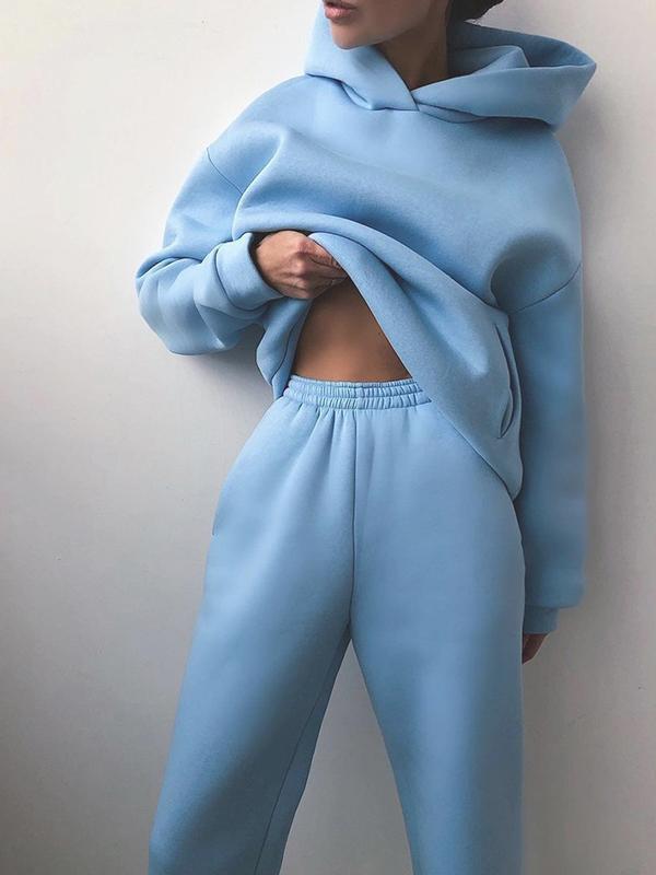 Casual fashion thickened long-sleeved sweatshirt and trousers two-piece set for women Blue