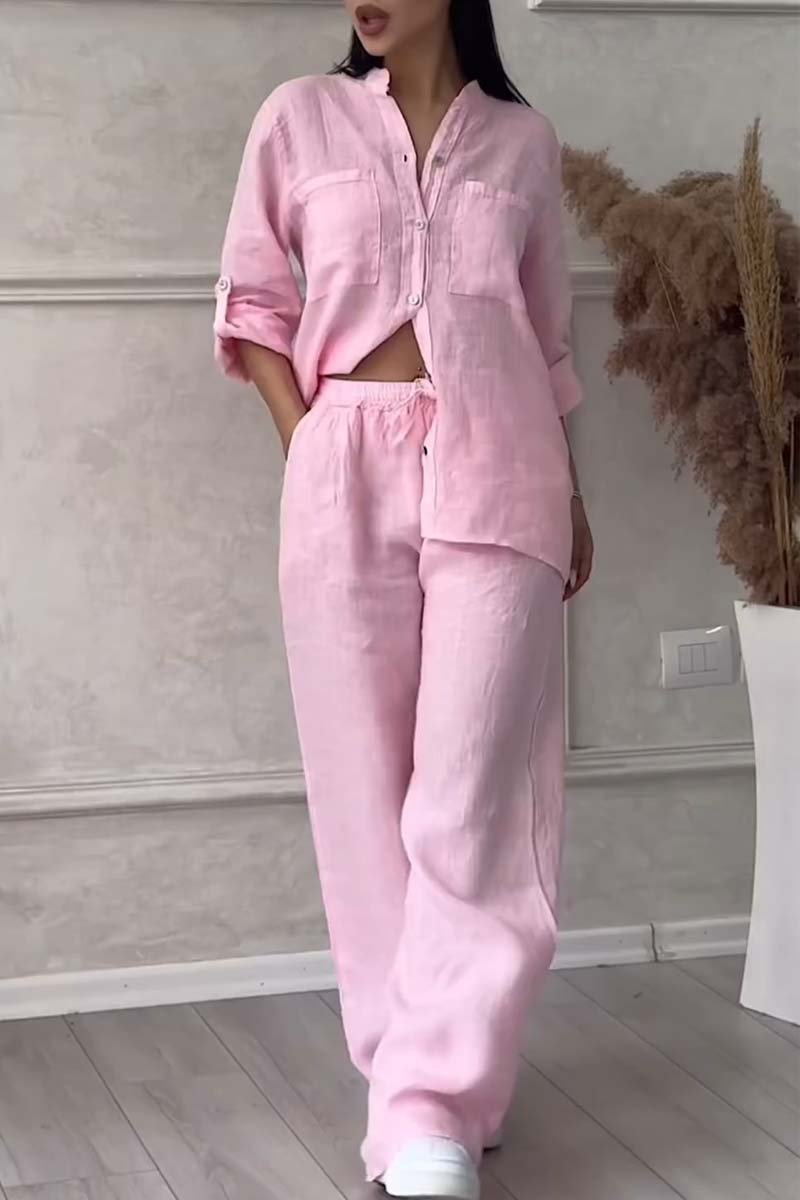 Casual solid color cotton and linen pants two-piece set Pink