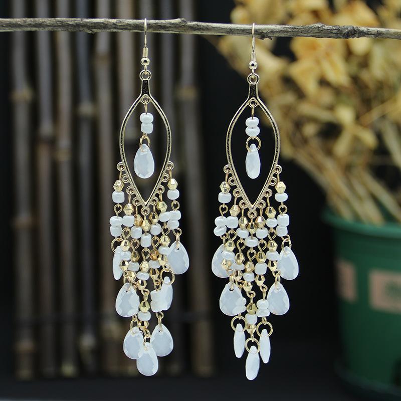 Bohemian Retro Long style Water Drop Earrings White One Size