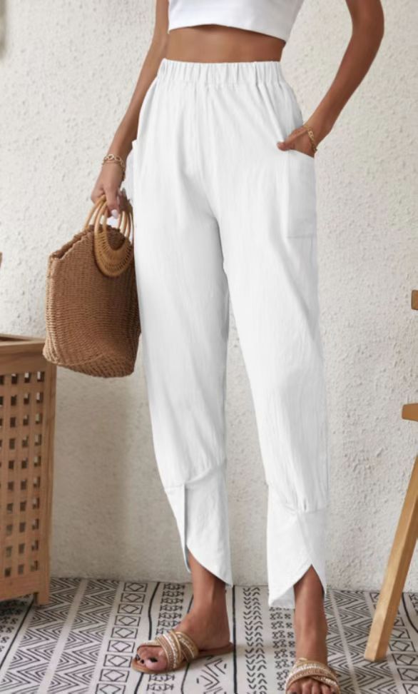 Solid Casual Loose Cotton Linen Leggings white