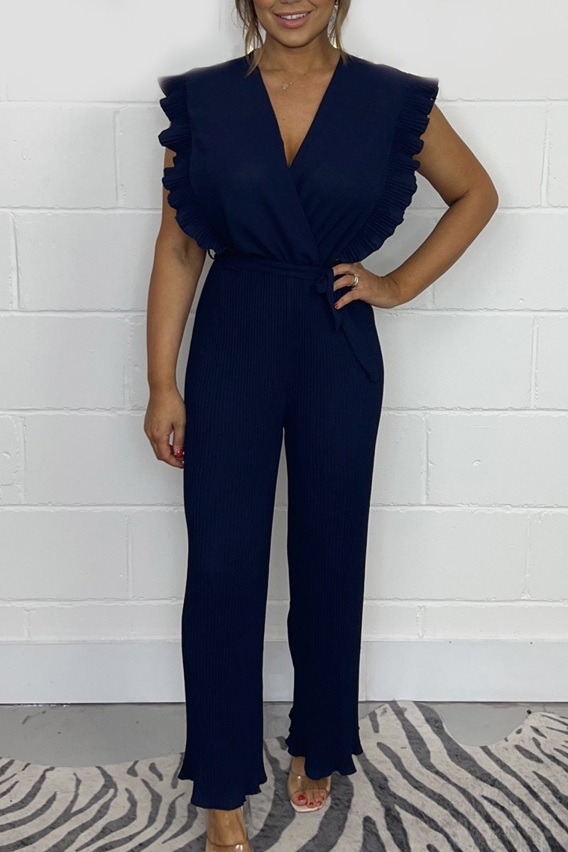 Tie Waist Pleated Leg Jumpsuit Navy blue