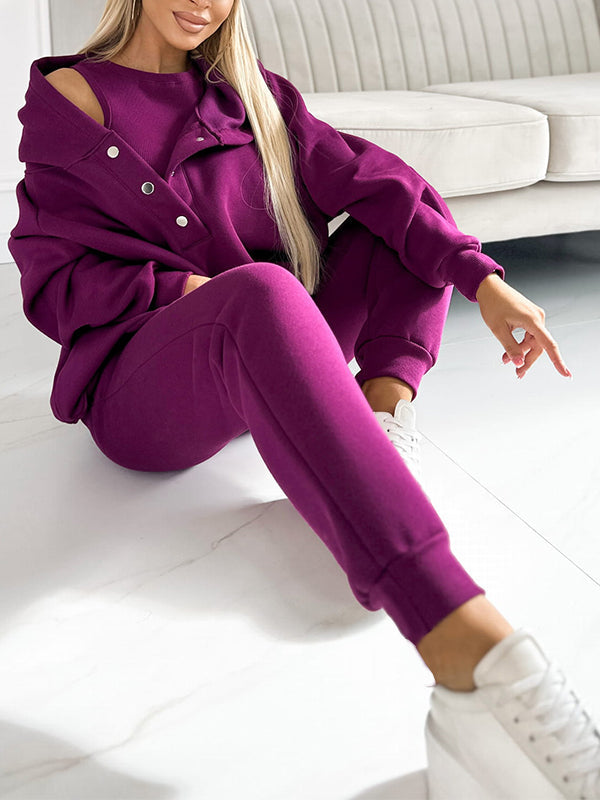 Casual Hooded Sweatshirt Sports Suit Sweatshirt+vest+sweatpants Dark Purple