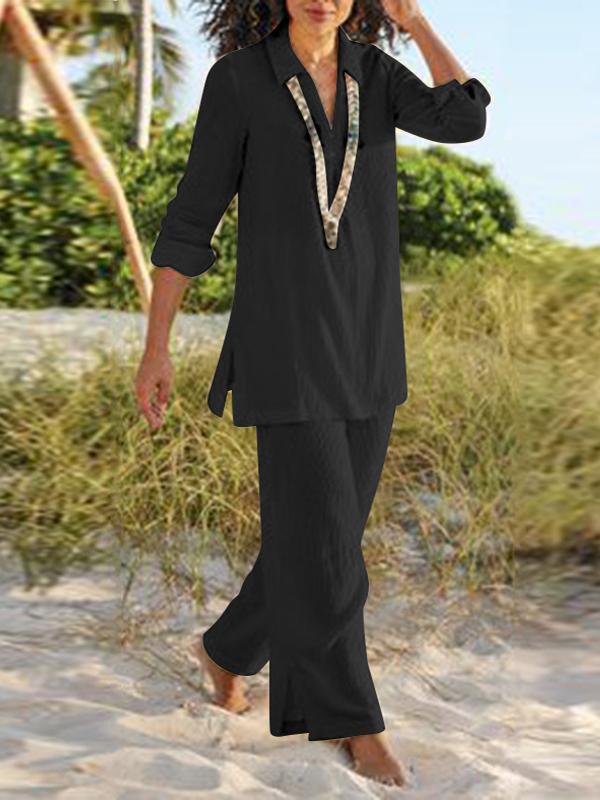 Plus-size Women's Solid Color Cotton Hemp Casual Long-sleeved Loose Suit Black