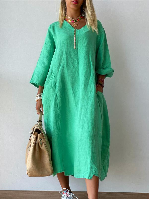 Casual Plain Cotton and Linen Dress