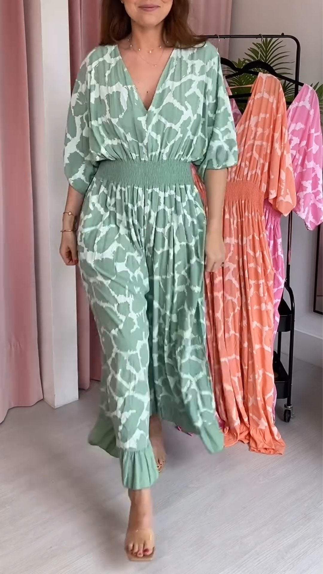 Women's V-neck Printed Mid-sleeve Jumpsuit