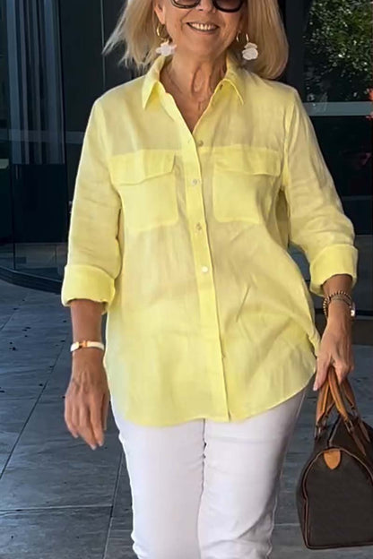 Casual cotton and linen solid color shirt Yellow