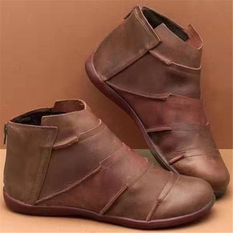 Women's Round Toe Casual Leather Boots Back Zipper Martin Boots Short Boots Brown