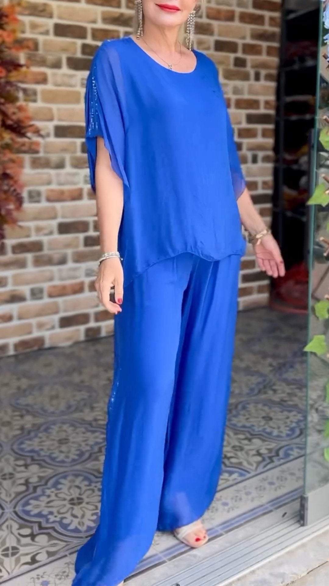 Chiffon Sequined Top + Trousers Two-piece Set Blue