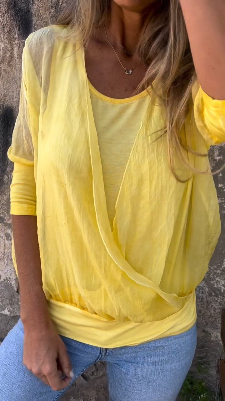 Solid Color Round Neck Mid-sleeve Top yellow